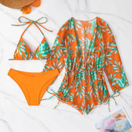 WW | 3 Stück Bikini Tropischer Druck Badebekleidung Halter Schnürseite Badebekleidung Frauen Badeanzug Weiblich Schwimmen Sommer Strandbekleidung