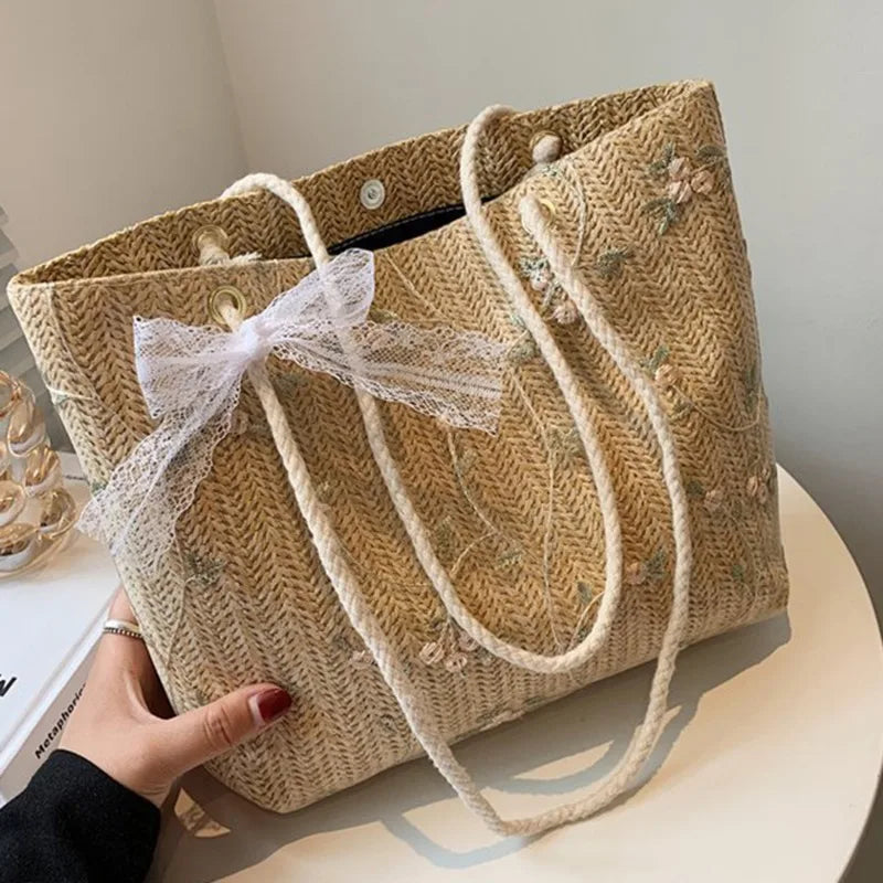 W&W Mode Sommer Tasche | Moderne Damen-Midi-Handtasche mit Blumenprint und Spitzen-Schleife