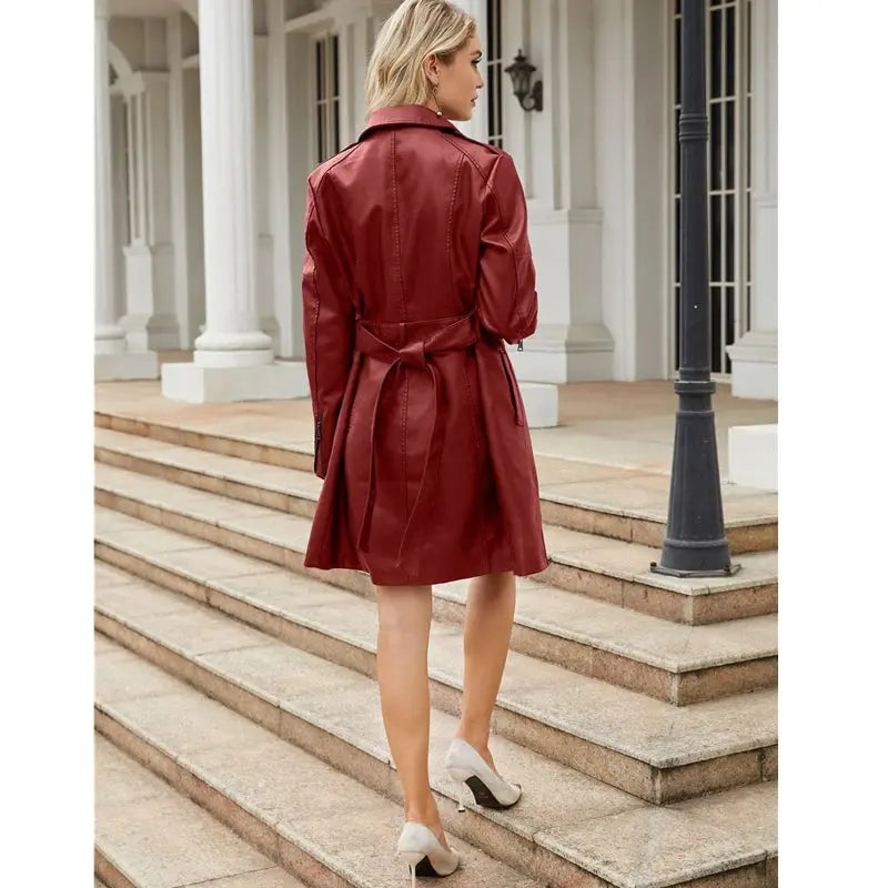 WW | Krawatte Taille Lange Ärmel Kunstleder Hemdkleid