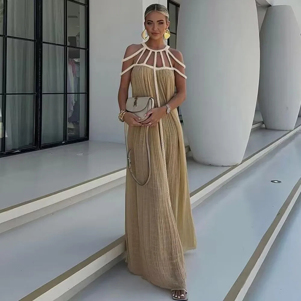 WW | Grüne Bohemia Ferienanzug Frauen Elegant Solid Lässig Lockere Lange Kleider Sommer Sexy Geshitzte Rückenfreier Maxi Strandkleid Neu