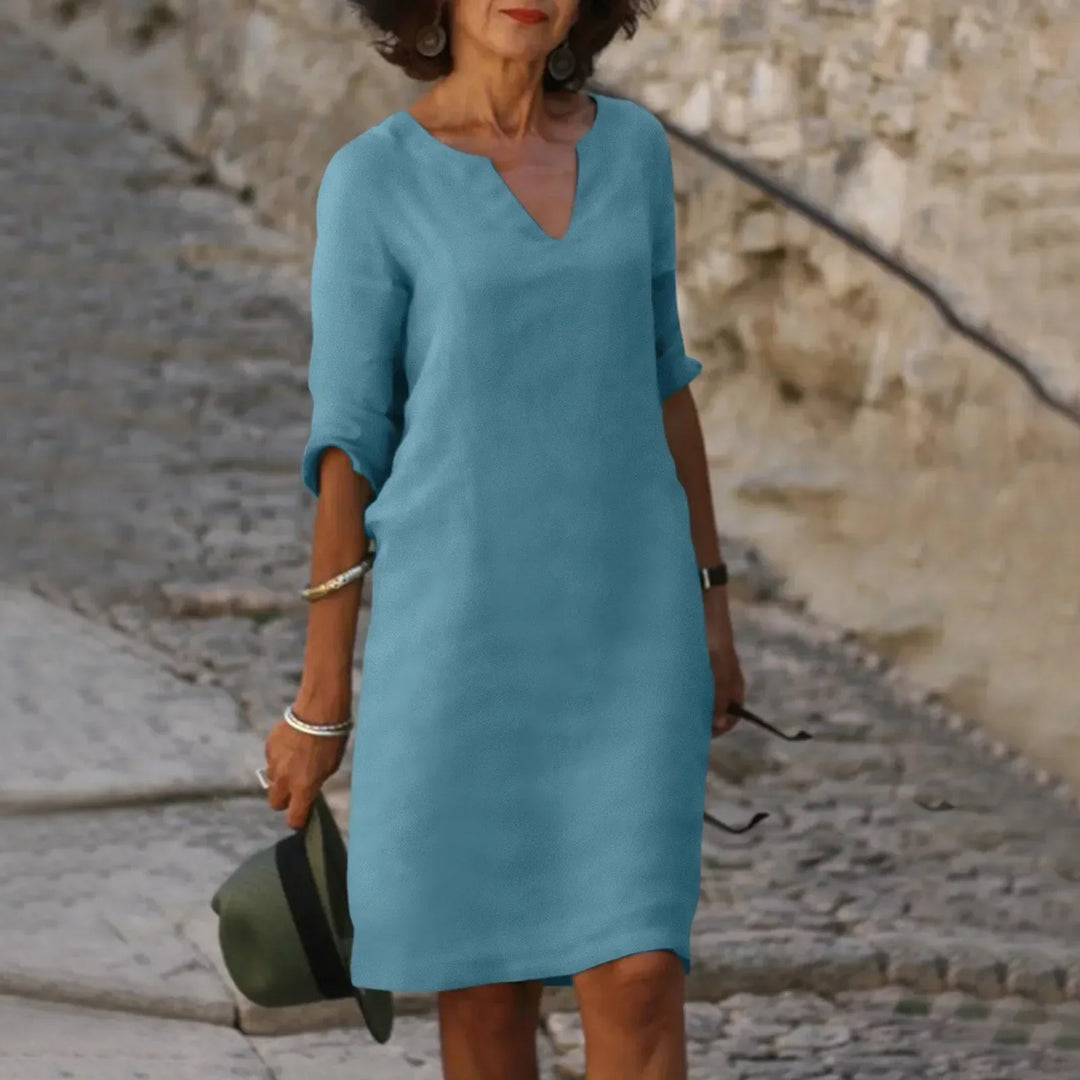 W&W Mode | Damen Baumwoll Leinen V-Ausschnitt Kleid Mit Halben Ärmeln