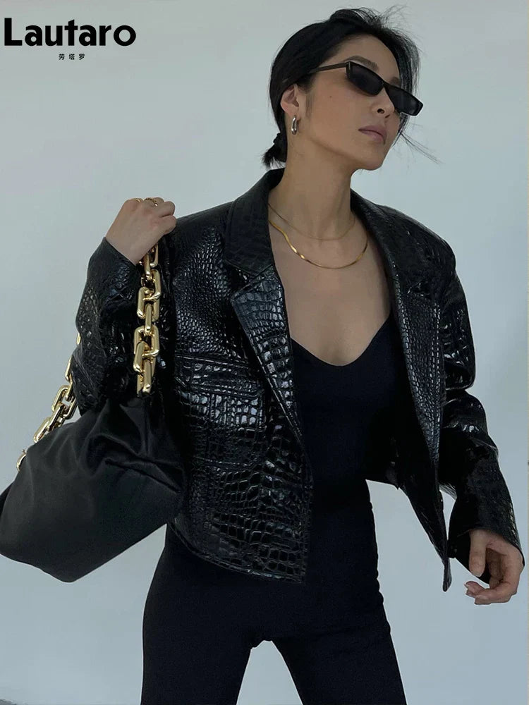 WW | Lautaro Frühling Herbst Kurz Cool Stylisch Glänzend Reflektierend Krokodilprint Patentantrag Pu Lederjacke Frauen Laufsteg Mode
