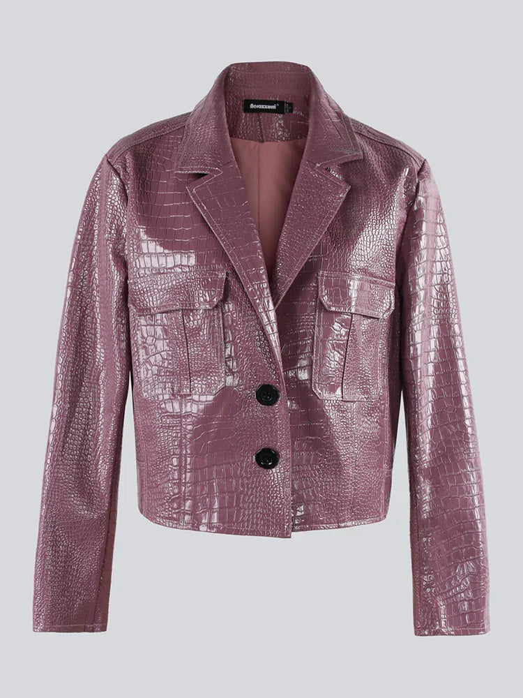 WW | Lautaro Frühling Herbst Kurz Cool Stylisch Glänzend Reflektierend Krokodilprint Patentantrag Pu Lederjacke Frauen Laufsteg Mode