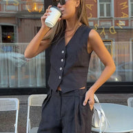 WW | Wollgefühl Frauen Leinen Baumwolle Schick Weste ＆ Hosen Set Zweiteiliges Set Büro Damen Sommer Schick 2 Teiliges Set Damen Outfits