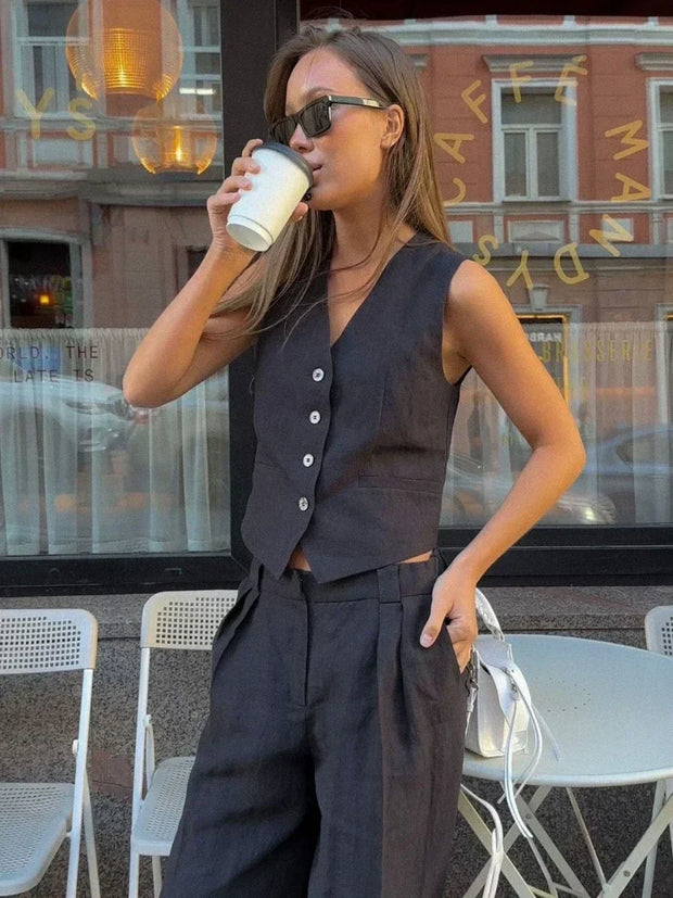 WW | Wollgefühl Frauen Leinen Baumwolle Schick Weste ＆ Hosen Set Zweiteiliges Set Büro Damen Sommer Schick 2 Teiliges Set Damen Outfits