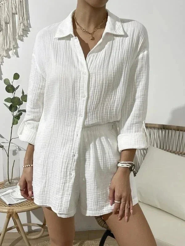 WW | 100% Baumwoll Gas Muslin Set für Frauen 2 Stück Langärmlige Hemden und Loose Hohe Taille Mini Shorts Set Ensemble Femme