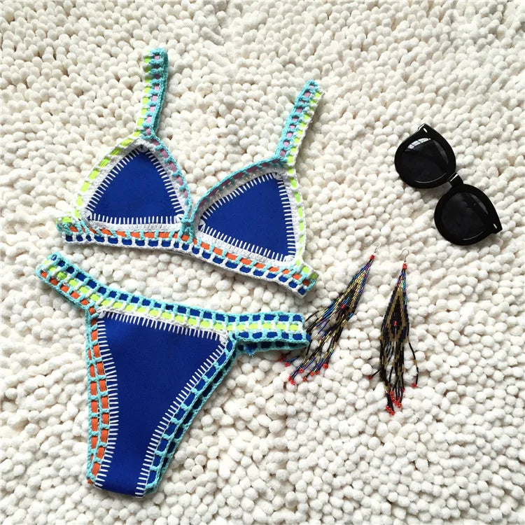 WW | Gestrickter Bikini 2 Teilig Schwimmanzug für Frauen, Sommerstrandurlaub Badebekleidung, Sexy Dreieckiger Cup V-Ausschnitt Träger-Schwimmbekleidung