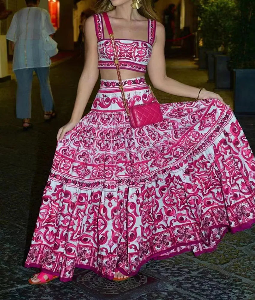 W&W Mode Flower Zweiteiler | Stilvolles Top und Maxirock bedrucktes Sommer-Damen-Set