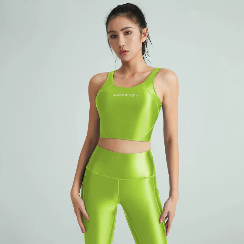 WW | Satin Glänzende Damen Bademode Weste Öl Hohe Taille Hose Glatte Fitness Gloss Yoga Lauf Sweatset Leggings