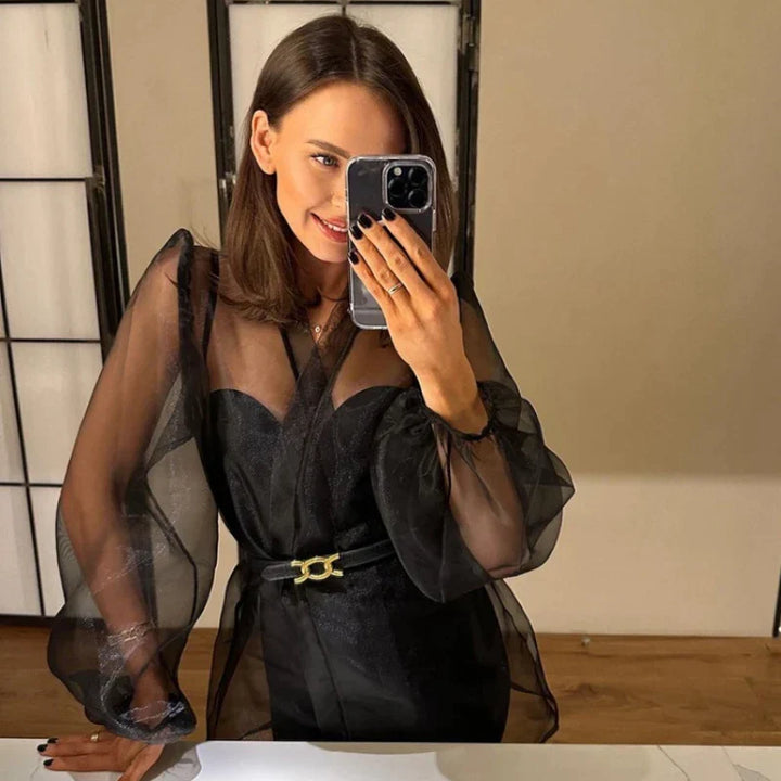 Damen Organza-Bluse mit Bindegürtel und transparentem Stoff