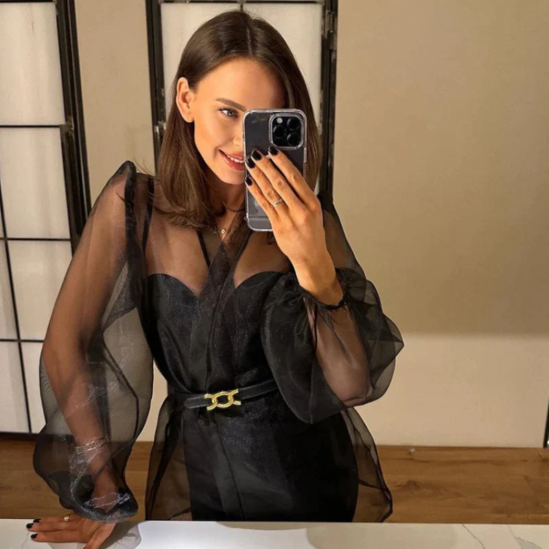 WW | Durchsichtige Organza-Bluse mit Bindegürtel