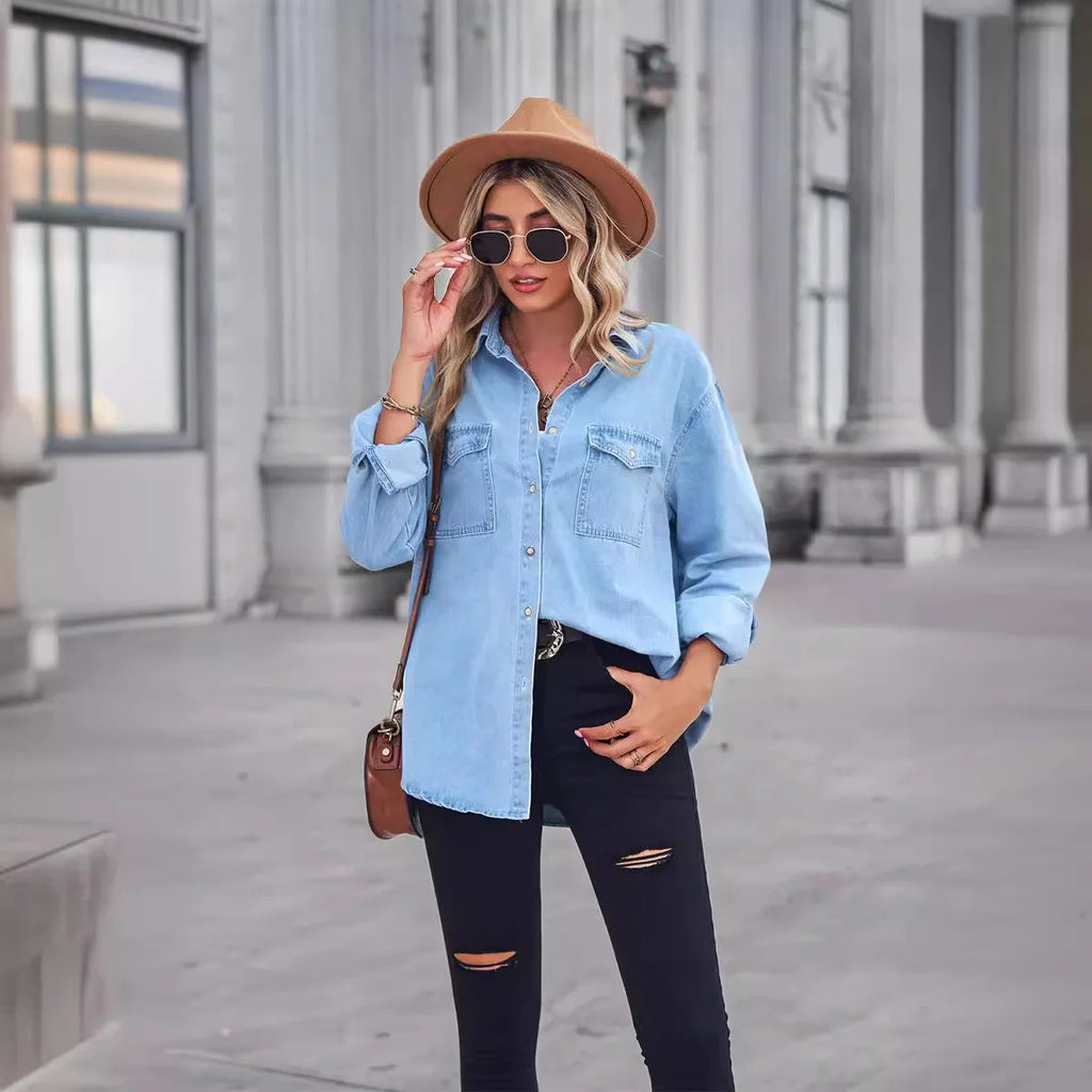 WW | Frauen Knopf-Offen Denim Hemd Lässig Lange Ärmel V-Ausschnitt Chambray Bluse Top Boyfriend Stil Lässige Passform Alltag Nutzung Jeanshemden