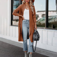 WW - Stilvoller Damen Freizeit langer einfarbiger Mantel mit Taschen