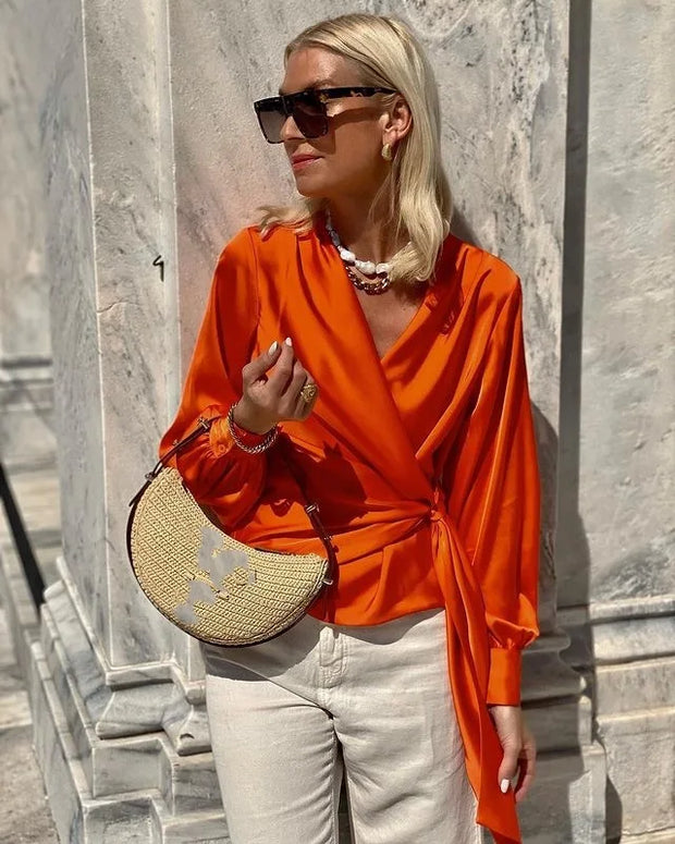 WW | Satin Orange Long Sleeve V-neck Shirt Für Damen in Rot Orange