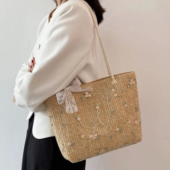 W&W Mode Sommer Tasche | Moderne Damen-Midi-Handtasche mit Blumenprint und Spitzen-Schleife