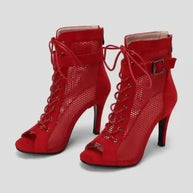 WW | Sandalen Höhle Mesh Absätze Gürtel Schnalle Damen Sommer Beige Schnürsenkel Sexy Offene Zehe Stiletto Jazz Tanz Fest Damenschuhe