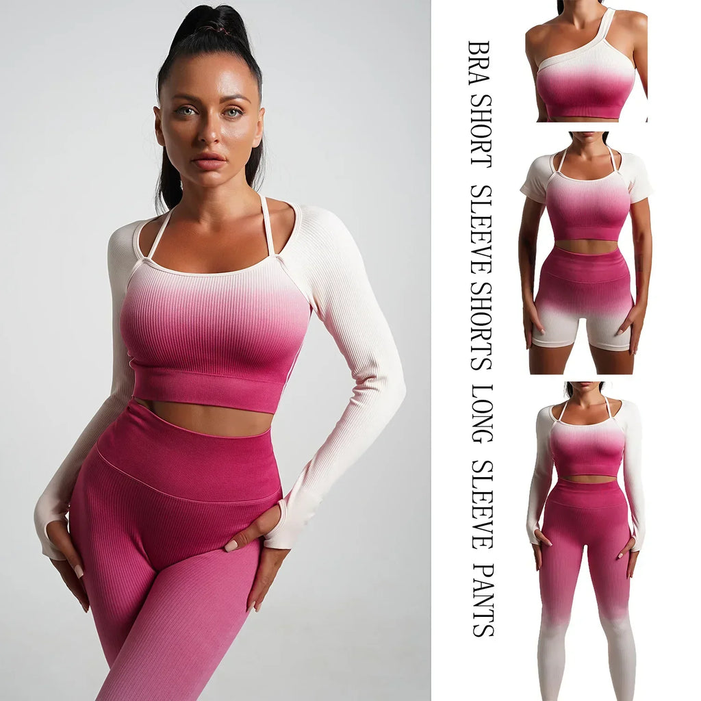WW | Nahtlose Gradient Yoga Set Sport Fitness Hohe Taille Hip Lifting Hosen Langarm Anzüge Training Fitness Leggings Set für Frauen
