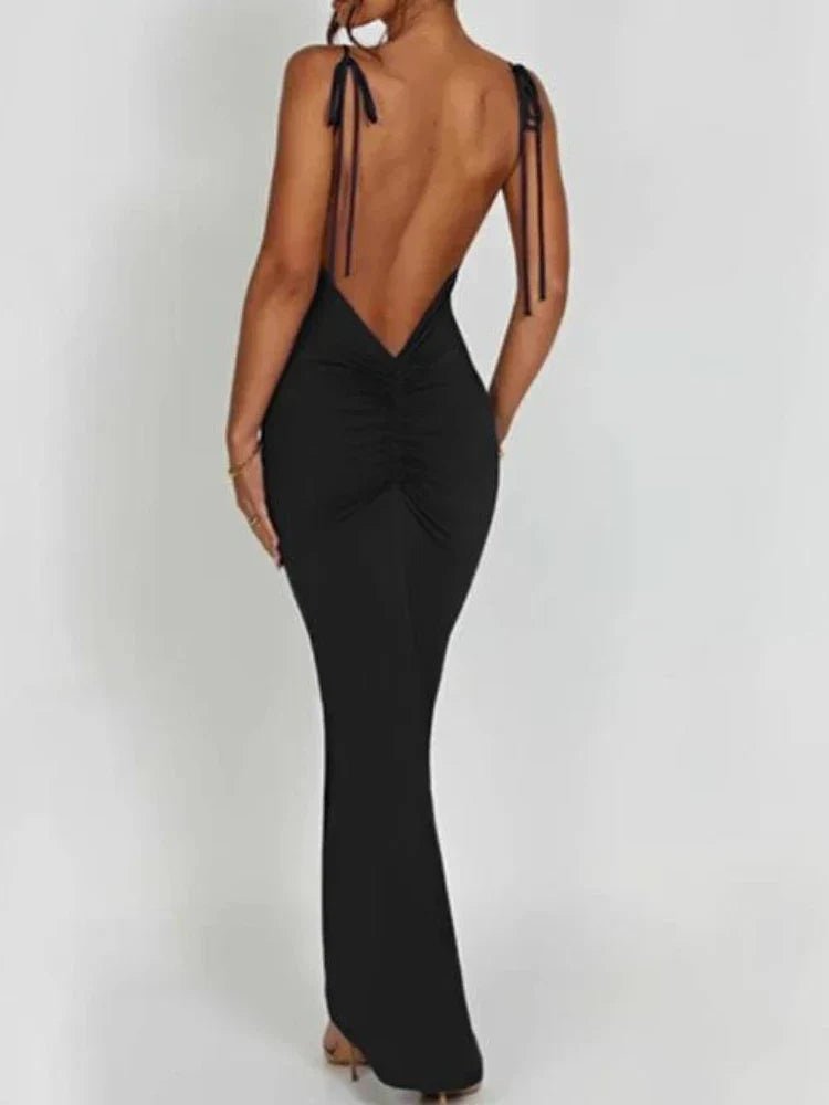 WW | Elegant Tiefer Offener Rücken Rückenfreies Schlank Maxikleid Frauen Spaghettiträger Ohne Ärmel Bodycon Lang Kleid Sexy Club Festkleider