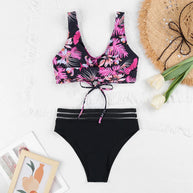 WW | Schnürung Hohe Taille Bikini Frauen Badebekleidung Frauen Badebekleidung Badeanzug Gepolstert Push-Up Blumen Badeanzug Frauen Bikini Set