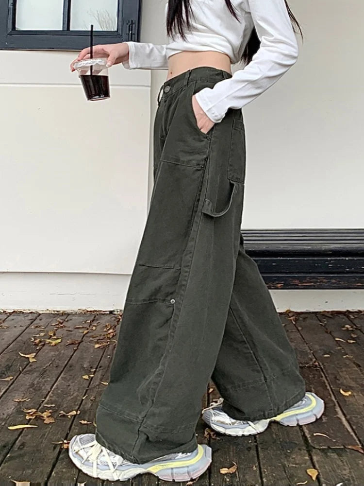 W&W Mode | Y2K Streetwear Vintage Grün Baggy Jeans Cargo-Hosen für Damen Designer Kleidung Weit Beinformte Legere Damenhosen