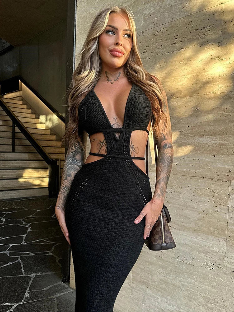 WW | Hollow Out Halter Sexy Mini Kleid Frauen Sommer Neu Ohne Ärmel Rückenfrei Enganliegend Klub Party Strick Tank Kleid Vestido