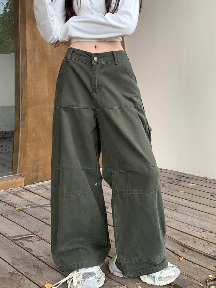 W&W Mode | Y2K Streetwear Vintage Grün Baggy Jeans Cargo-Hosen für Damen Designer Kleidung Weit Beinformte Legere Damenhosen