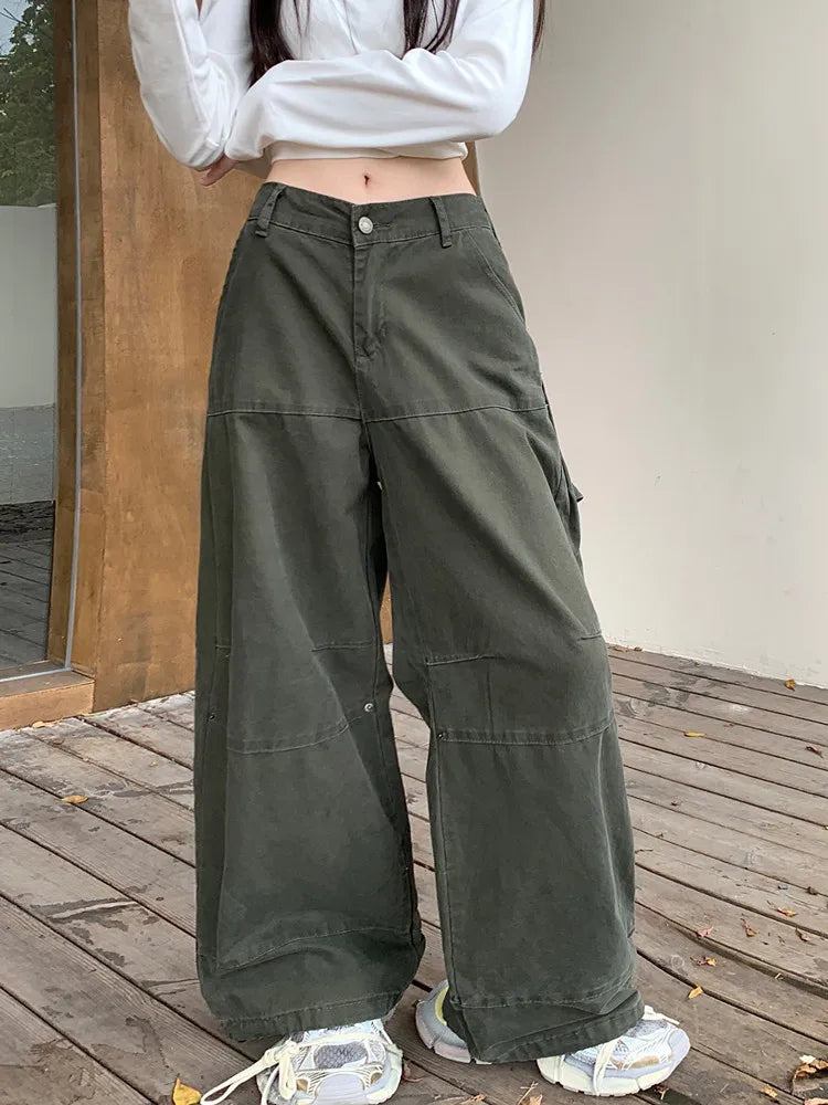 WW | Y2K Streetwear Vintage Grün Baggy Jeans Cargo-Hosen für Damen Designer Kleidung Weit Beinformte Legere Damenhosen
