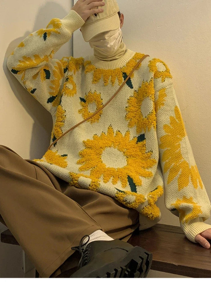 Herren-Strickjacke mit lockerer Passform und Blumenmotiv