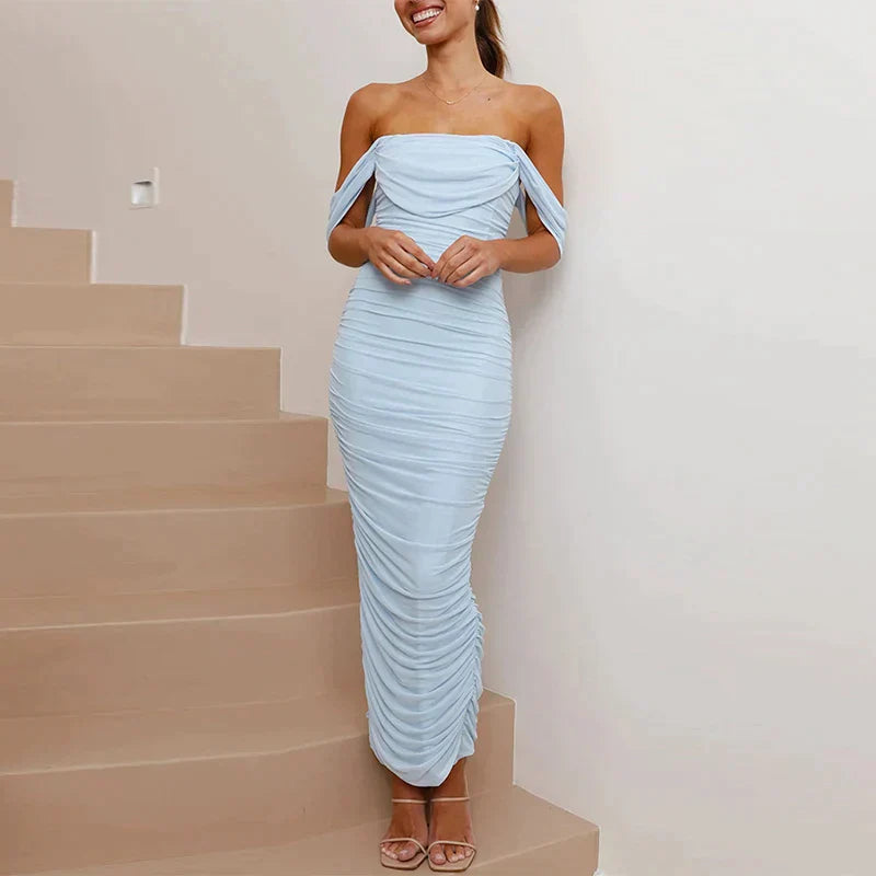 WW | Schulterfreie Maxikleid mit Rüschentüll-Overlay