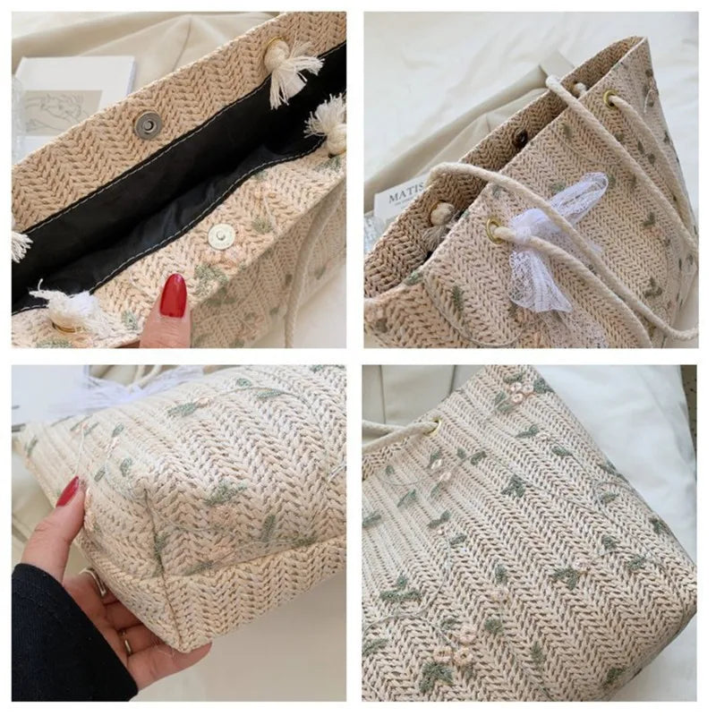 W&W Mode Sommer Tasche | Moderne Damen-Midi-Handtasche mit Blumenprint und Spitzen-Schleife