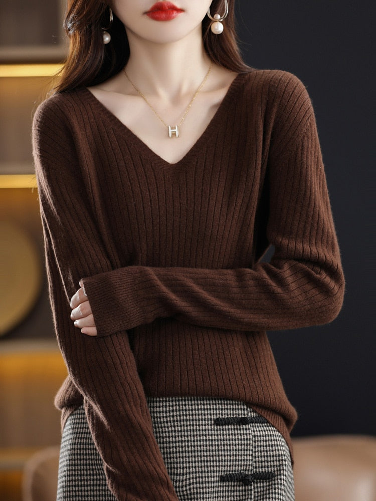 WW - Strickpullover mit V-Ausschnitt - Damen Elegant Gemusterter Pullover