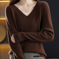 WW - Strickpullover mit V-Ausschnitt - Damen Elegant Gemusterter Pullover