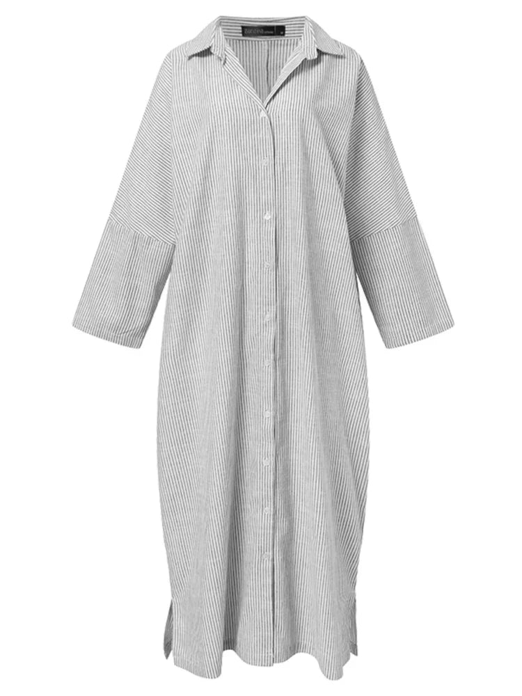 WW Gestreiftes Kleid | Lässiges oversized Maxi-Kleid mit langen Ärmeln für Damen