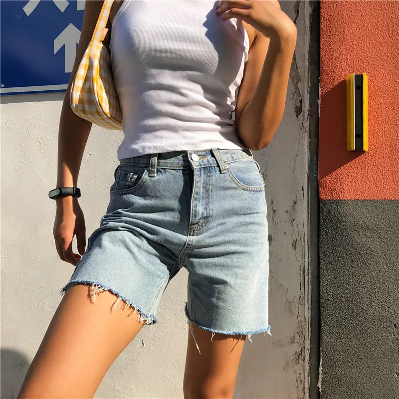 WW | Frauen Hohe Taille Breite Bein Denim Shorts Mädchen Sommer Mode Streetwear Lässig Einfarbig Weibliche Lockere Stretch Jeans