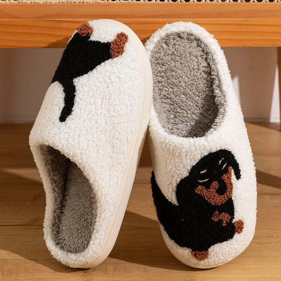 WW | Damen Slipper Kleine Schwarze Hund Weiche Plüsch Hausschuhe