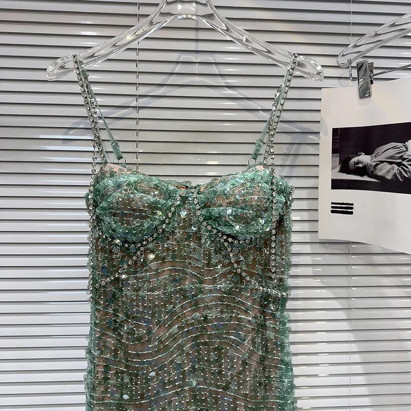 WW | Heavy Industry Diamond Chain Pearl Trägerkleider Frauen für Frauen Sommer Neu Fest Trägerkleid Feminin