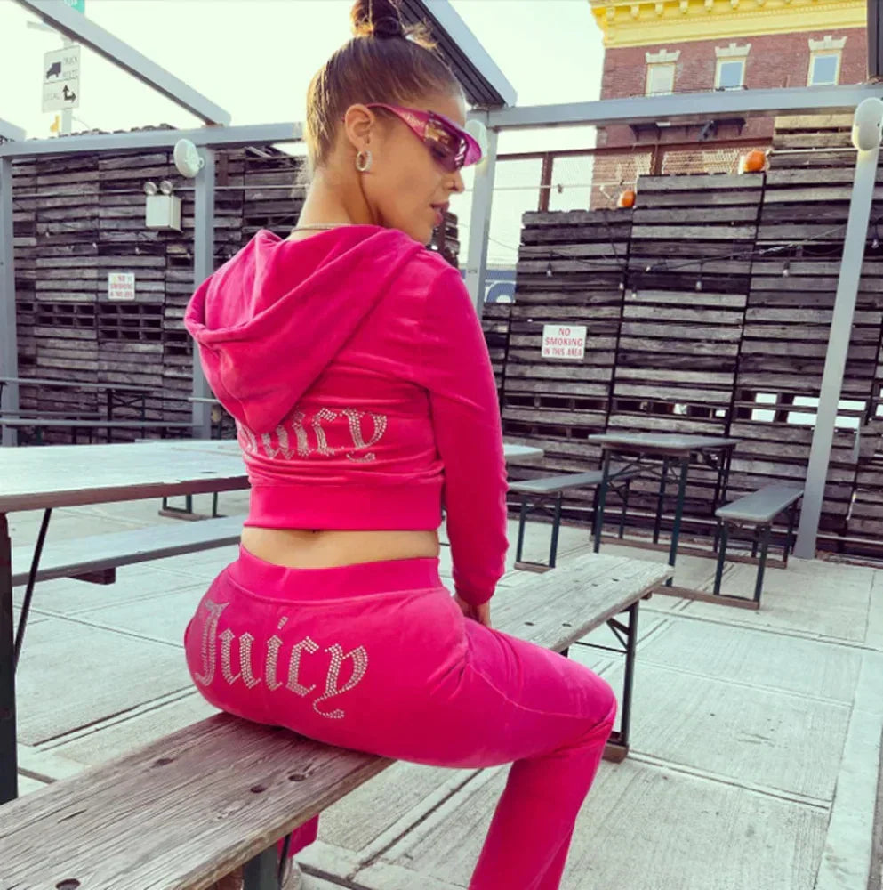 WW | Velours Trainingsanzug Frauen Langarm Hoodie Juicy Bling Shine Tops und Hose Zweiteilig Diamant Logo Druck Lässige Workout Kleidung