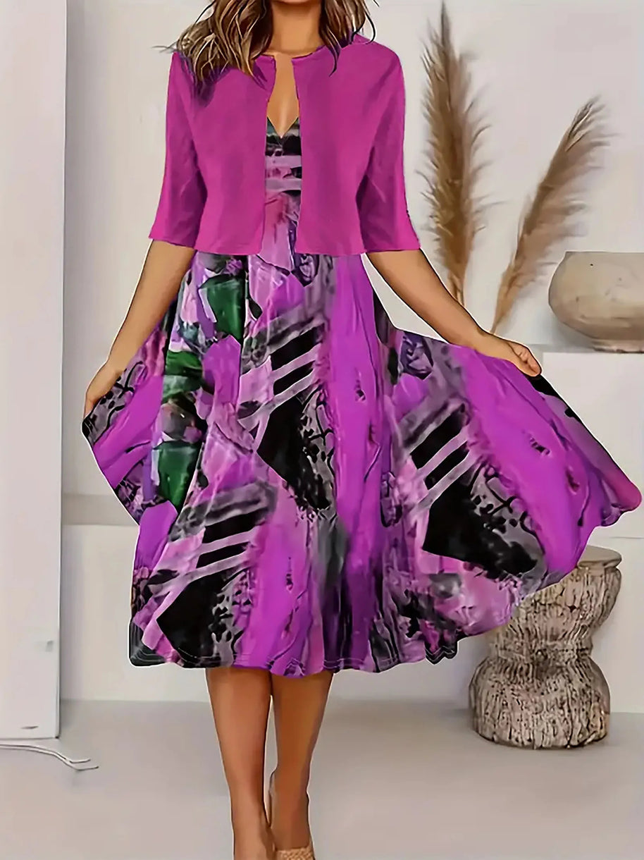 WW | Neu für Den Sommer! Eu Us Herbst Frau 2 Lang Kleid Set Blumen und Graspunkt Crew Neck Kleid mit Chiffon Kurzjacke