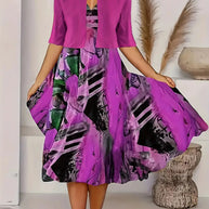 WW | Neu für Den Sommer! Eu Us Herbst Frau 2 Lang Kleid Set Blumen und Graspunkt Crew Neck Kleid mit Chiffon Kurzjacke