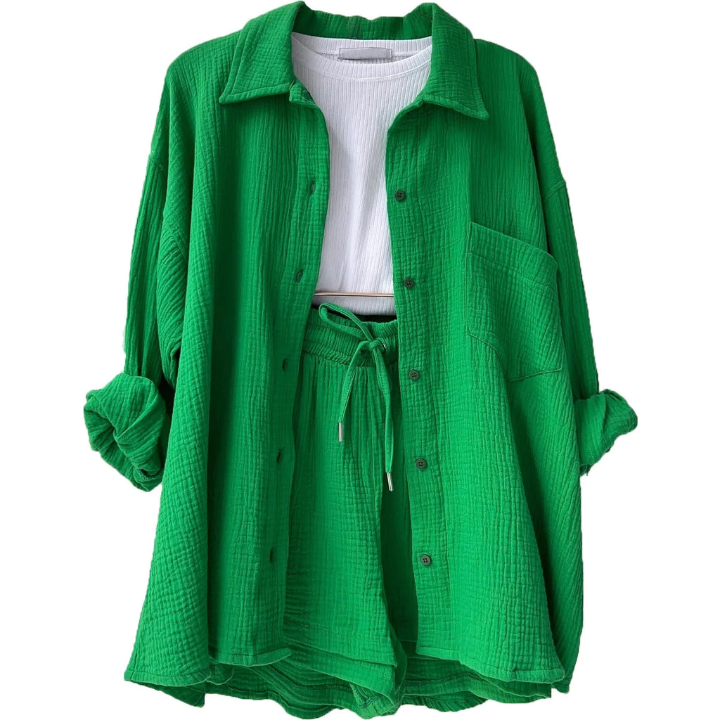 WW | 2 Teiliges Lässiges Nachtwäsche Baumwolle Pyjama für Frauen Umgeschlagenen Kragen Schlaf T-Shirts Set mit Shorts Gas Strickjacke Zuhausekleidung Sommer