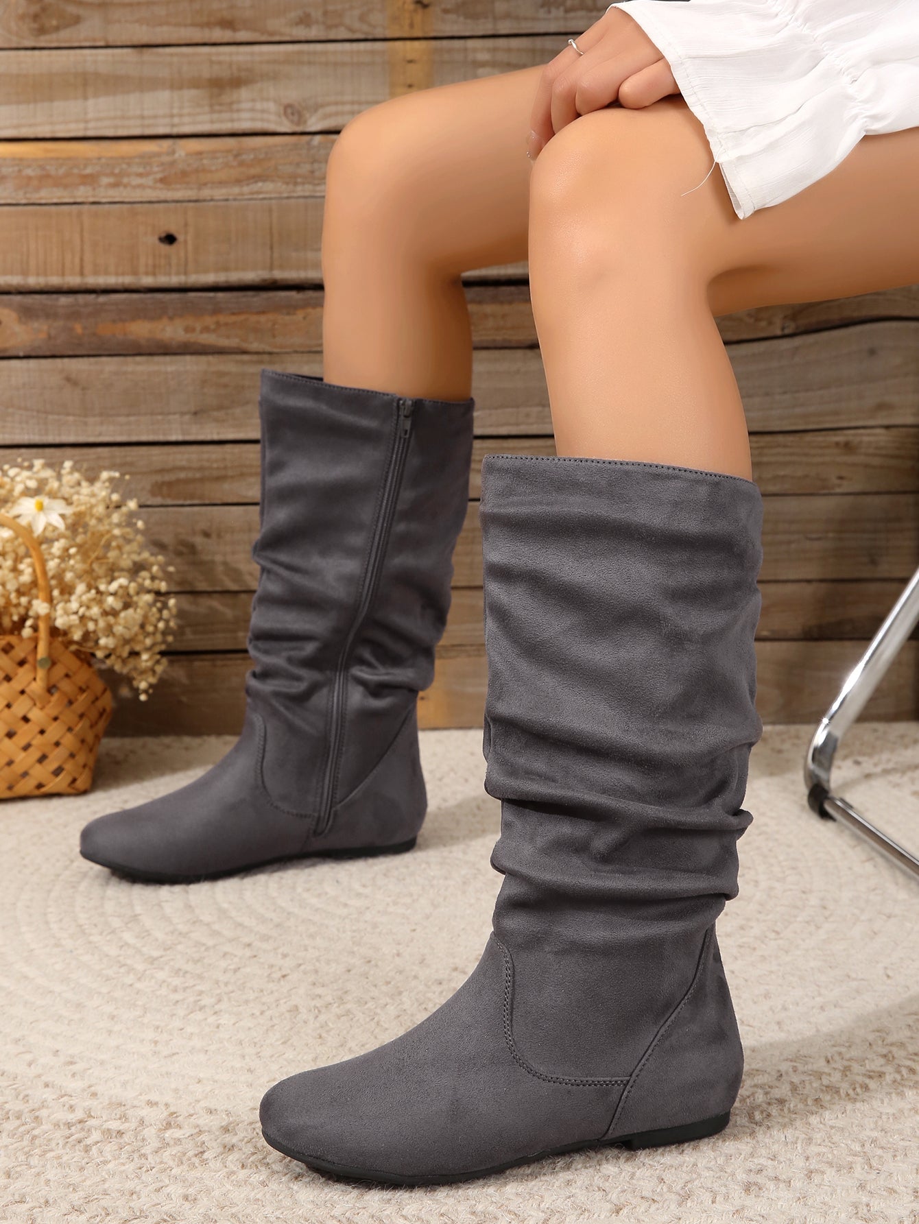 WW | Damen Stiefel Aus Wildleder Mit Seitlichem Reißverschluss, Wadenlang, Frühlingskollektion