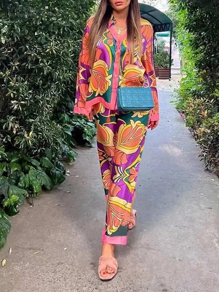 WW | Frauen Bedruckte Langarmbluse und Lustige Hosen Lässige Outfits Lockere Streetwear Loungewear Übergröße Zanzea Set Trainingsanzüge