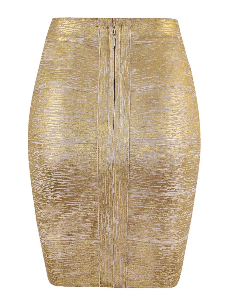 WW | Großhandel Frauen Sommermode Sexy Gold Bronze Bandage Rock Designer Nachtclub Bodycon Bleistiftrock Faldas 46Cm