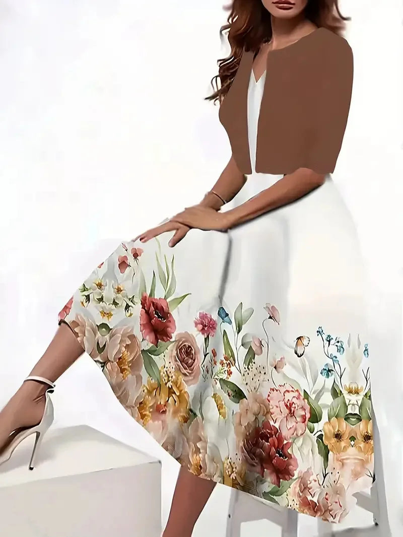 WW | Neu für Den Sommer! Eu Us Herbst Frau 2 Lang Kleid Set Blumen und Graspunkt Crew Neck Kleid mit Chiffon Kurzjacke