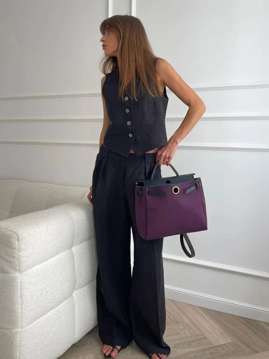 WW | Wollgefühl Frauen Leinen Baumwolle Schick Weste ＆ Hosen Set Zweiteiliges Set Büro Damen Sommer Schick 2 Teiliges Set Damen Outfits