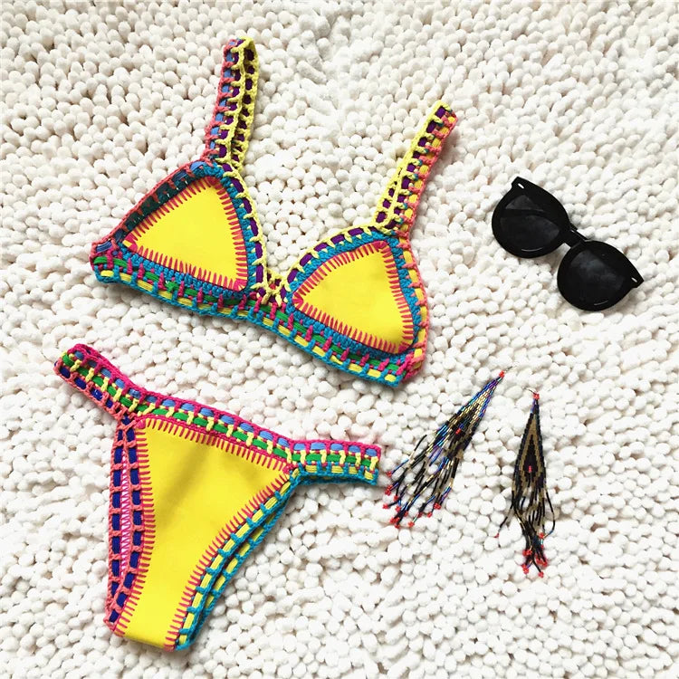 WW | Gestrickter Bikini 2 Teilig Schwimmanzug für Frauen, Sommerstrandurlaub Badebekleidung, Sexy Dreieckiger Cup V-Ausschnitt Träger-Schwimmbekleidung