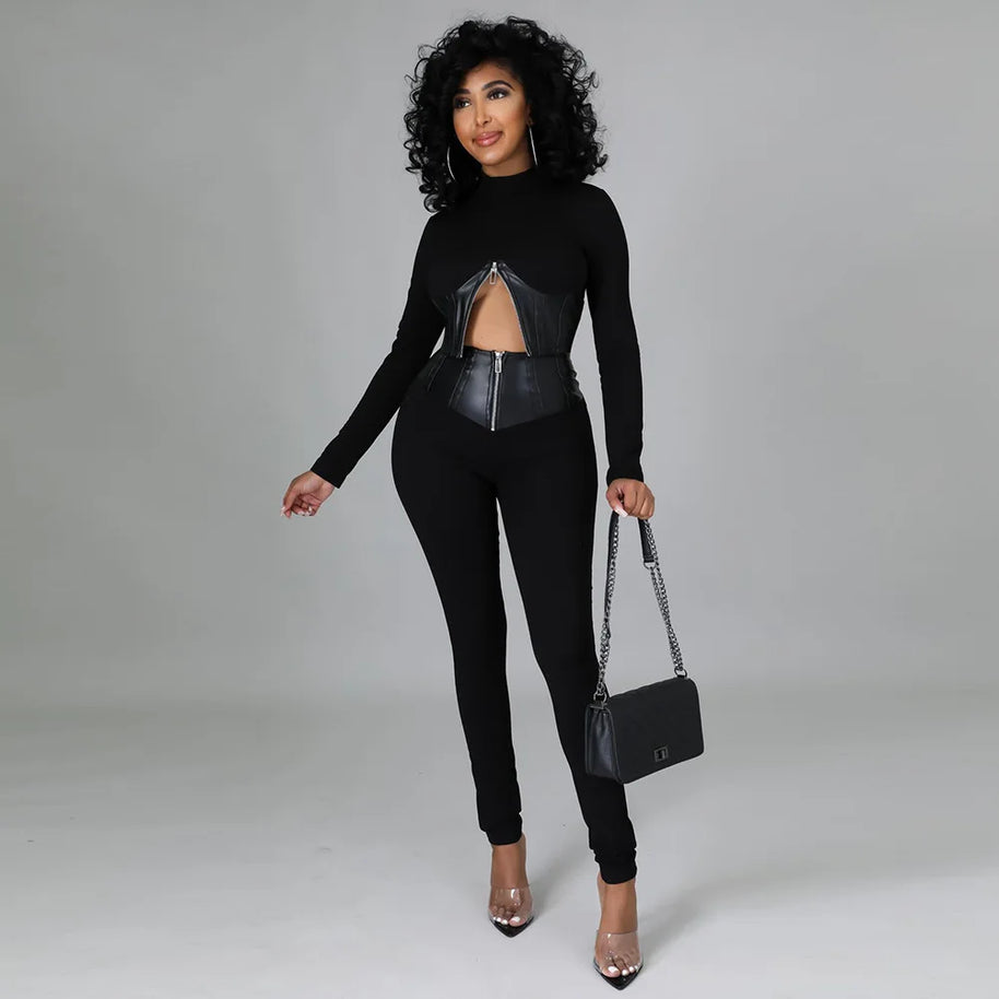 WW | Zweiteiliges Set mit Kurzem Kunstleder-Korsett und High-Waist-Hose