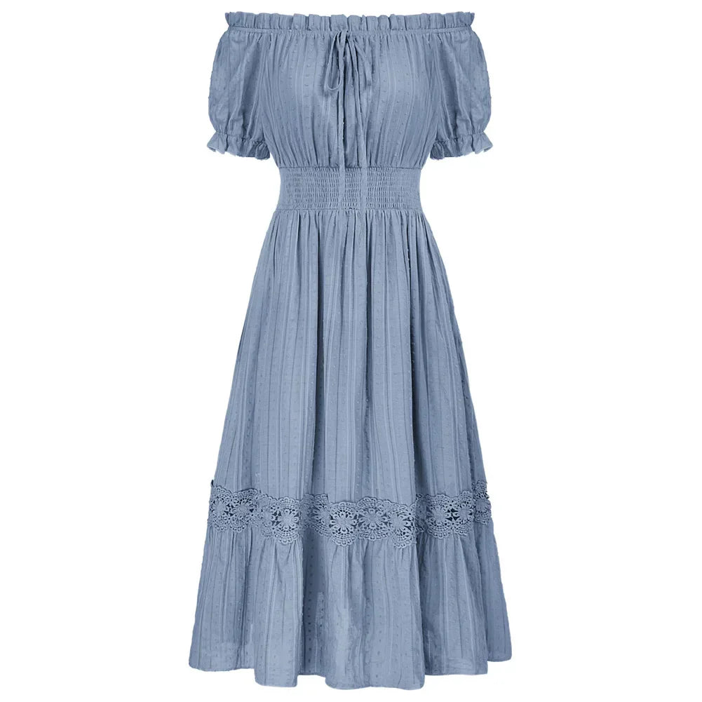 WW | Sd Frauen Renaissance Baumwolle Kleid Sommer Kurzarm Rüsche Off Shoulder Ausgestellt A-Linie Kleid Rüsche Slim Fit Mode Kleider