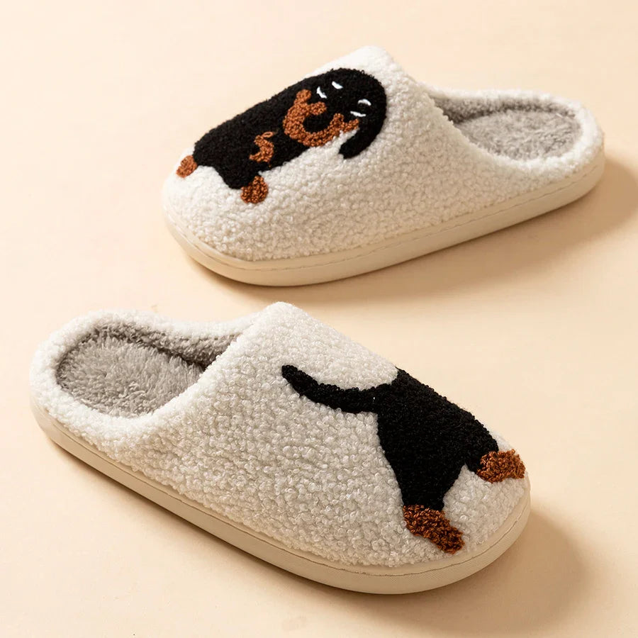 WW | Damen Slipper Kleine Schwarze Hund Weiche Plüsch Hausschuhe