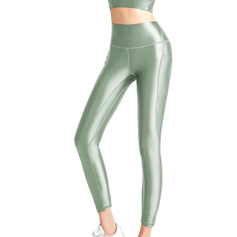 WW | Satin Glänzende Damen Bademode Weste Öl Hohe Taille Hose Glatte Fitness Gloss Yoga Lauf Sweatset Leggings